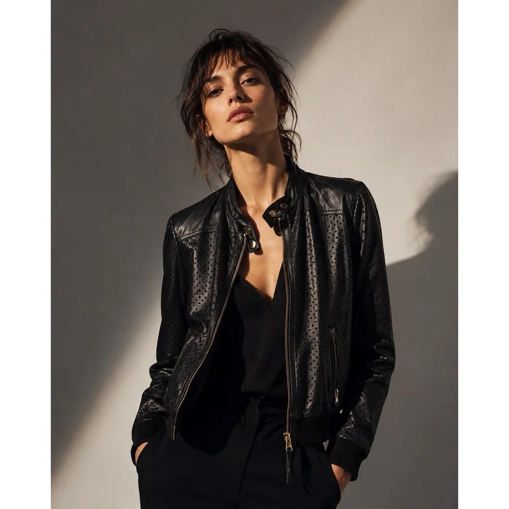 RED VALENTINO GARAVANI Perforated Leather Jacket Biker Blck Sz S-M US 46EU Women